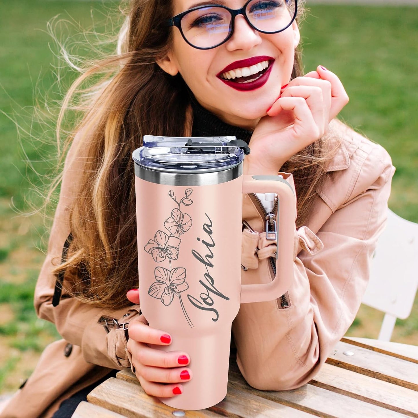 Personalized 40 Oz Tumbler with Handle Custom Tumbler with Name & Birth Flower Month, Stainless Steel Travel Coffee Mug Cup, Birthday Gifts Personalized Gifts for Women Men