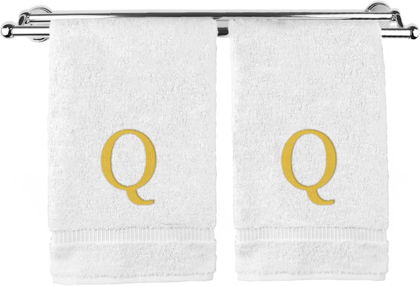 Monogrammed Hand Towel, Personalized Gift, Set of 2- Gold Block Letter Embroidered Towel - Extra Absorbent 100% Turkish Cotton - Soft Terry Finish - Initial Q White
