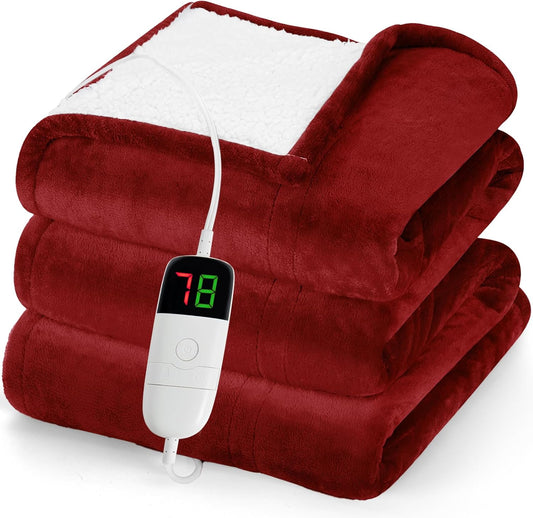 greenoak Heated Blanket Electric Twin 62"X84", Heating Blanket with 10 Levels 1/2/4/6/8 Hours Auto-Off Overheat Protection, Flannel Sherpa Soft Warm Heater, ETL Certified Red