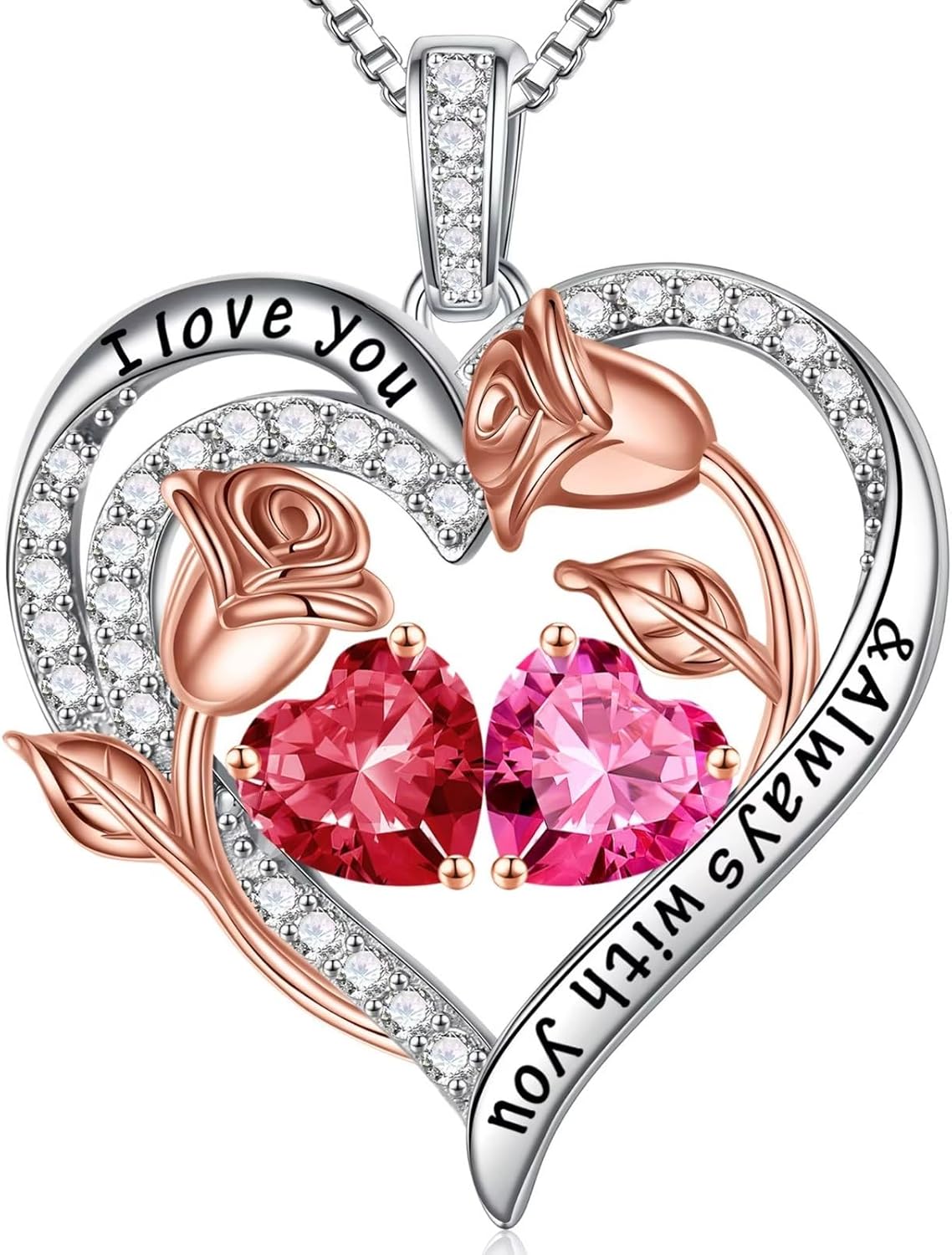 Iefil Birthstone Necklace for Women - 925 Sterling Silver Rose Heart Birthstone Necklace Birthday Anniversary Jewelry Gifts for Her Wife Mom Daughter