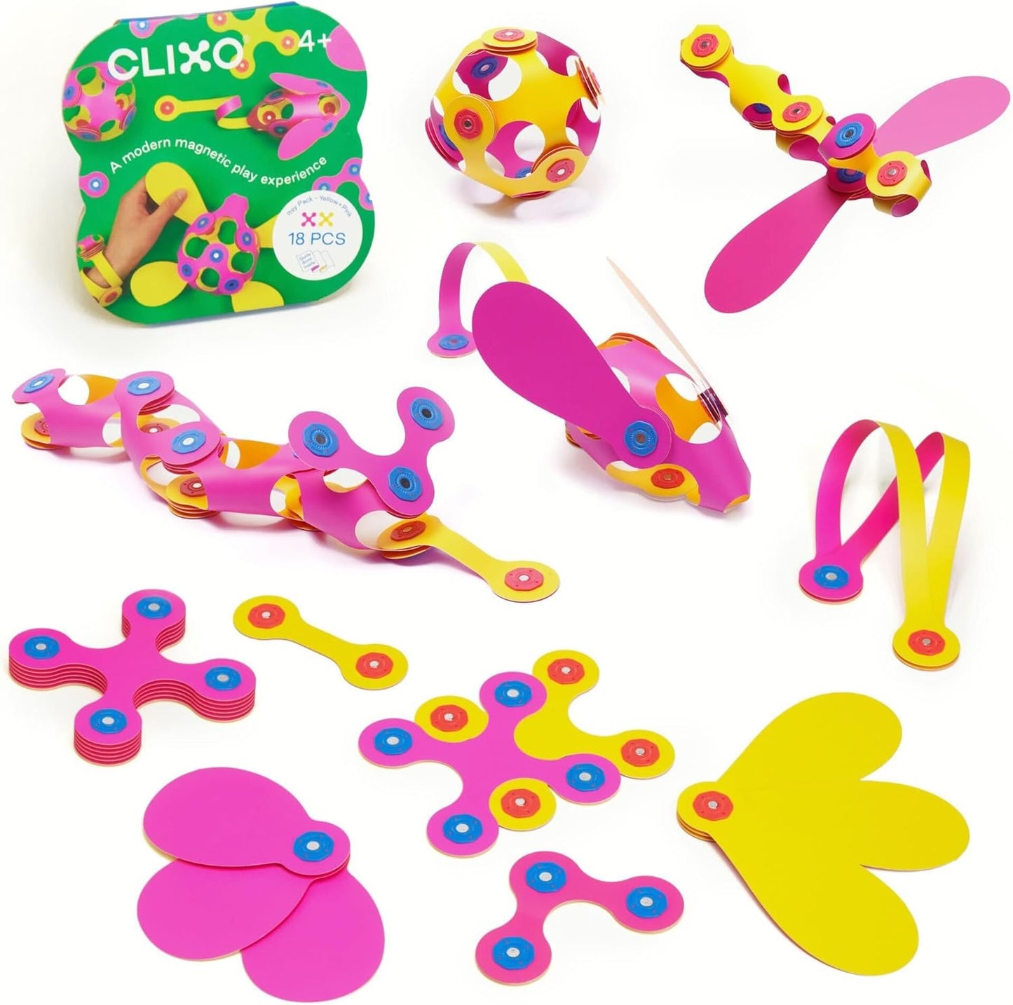 Clixo Itsy Magnetic Toy for Kids - Flexible, Durable, Imagination-Boosting Magnet Building Toy. Educational Multi-Sensory STEM Experience. Great as a Travel Game. Ages 4-99. 18 Piece Pack