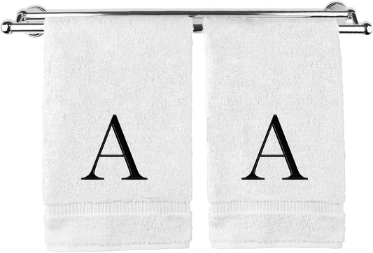 Monogrammed Hand Towel, Personalized Gift, Set of 2- Black Block Letter Embroidered Towel - Extra Absorbent 100% Turkish Cotton - Soft Terry Finish - Initial A White