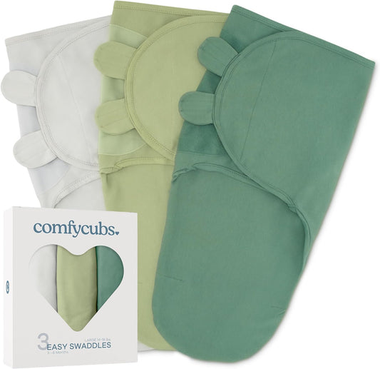 Comfy Cubs Easy Swaddle Blanket, 3 Pack - 100% Cotton Newborn Wrap, Large for 3-6 Months Infants, with Adjustable Velcro, Breathable and Durable Sleep Sack for Babies - Stone, Sage, Azul
