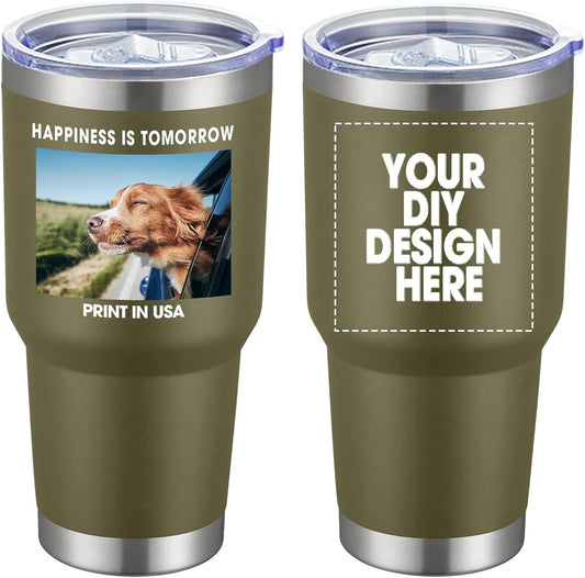 Personalized Custom Tumbler Print in USA 30oz Stainless Steel Coffee Cup with Lid & Straw Double Wall Insulated Tumbler with Colorful Text Logo Photo