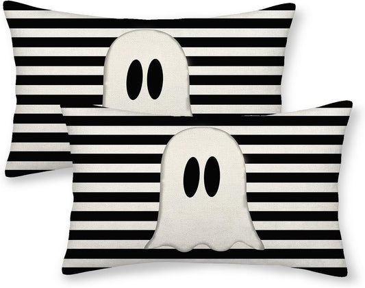 Halloween Decor Pillow Covers 12x20 Set of 2 Black Stripe Cute Ghost Throw Pillow Covers Halloween Decorative Pillow Covers for Halloween Decoration Linen Cushion Case for Couch Sofa Outdoor
