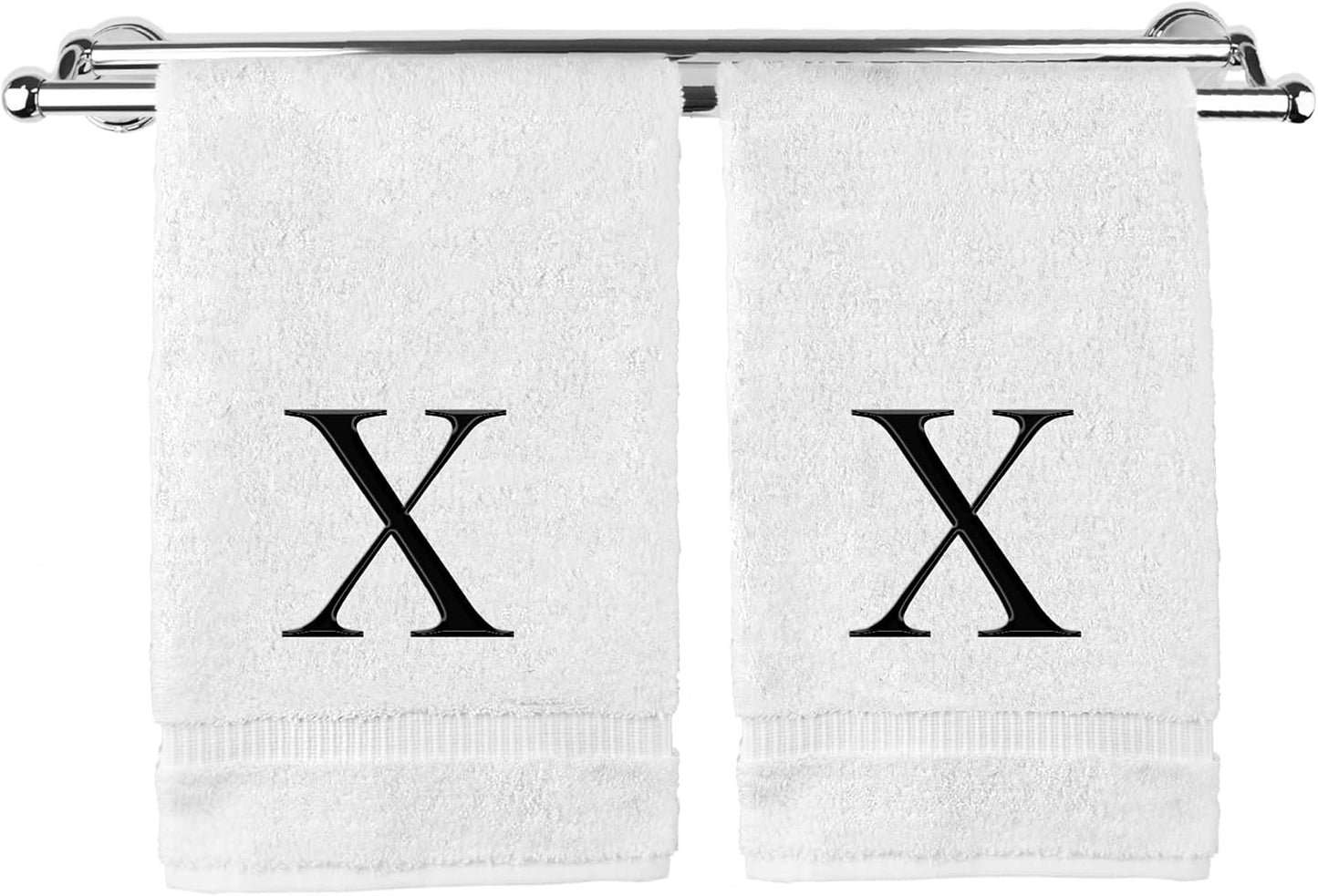 Monogrammed Hand Towel, Personalized Gift, Set of 2- Black Block Letter Embroidered Towel - Extra Absorbent 100% Turkish Cotton - Soft Terry Finish - Initial X White