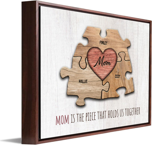 Personal-Prints MOM & Children Personalized HEART Puzzle Wall Art | Unique Customized with up to 8 Names | Mother’s Day, Birthday or Christmas Gift (12"x16" Float Framed Canvas, 3 Children)
