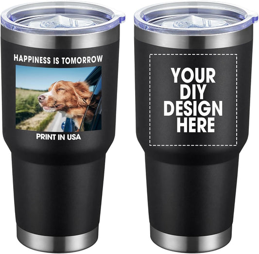 Personalized Custom Tumbler Print in USA 30oz Stainless Steel Coffee Cup with Lid & Straw Double Wall Insulated Tumbler with Colorful Text Logo Photo