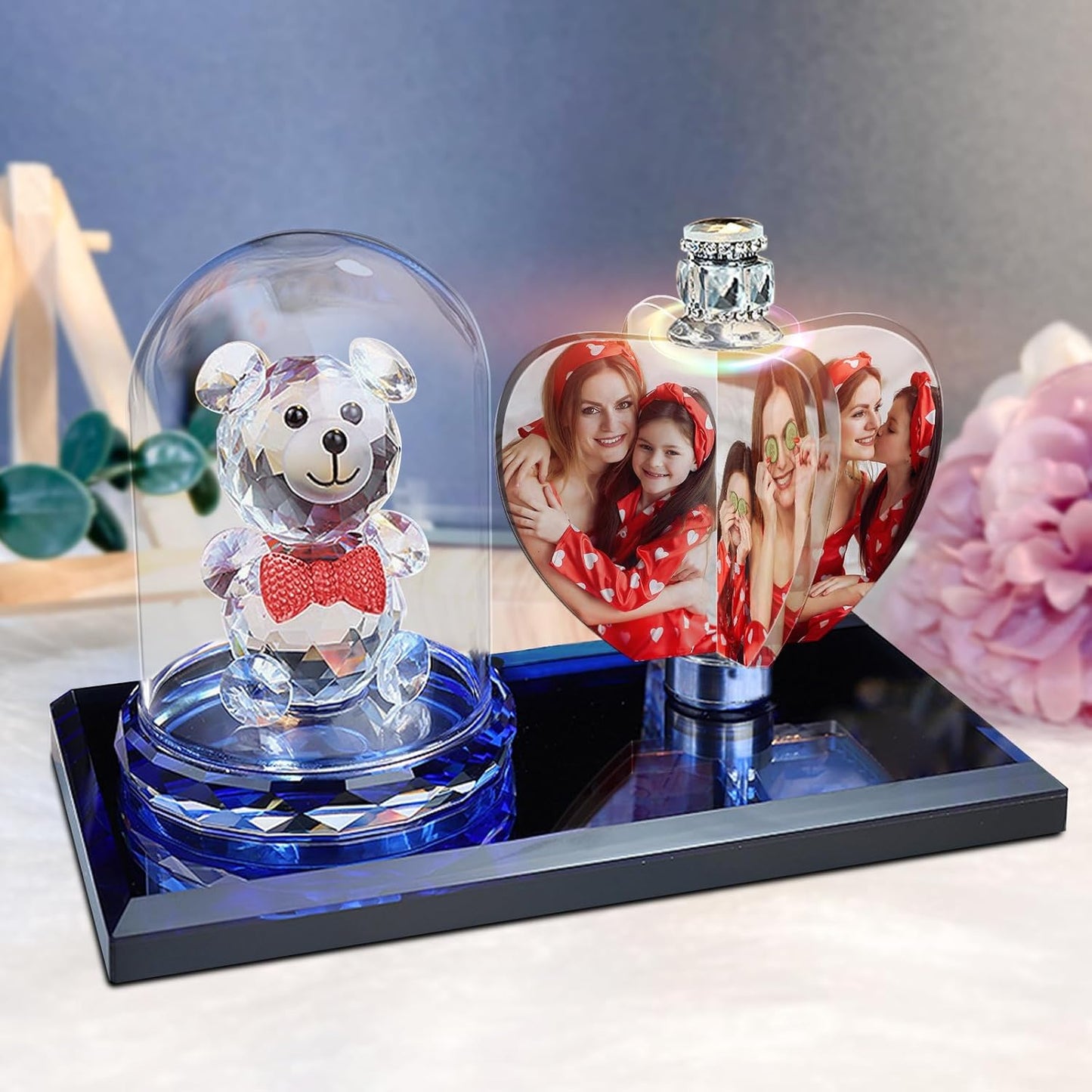 Personalized 4 photo rotating windmill light love crystal light LED night light photo frame birthday gift friend gift car decoration,Heart-Bear-Red