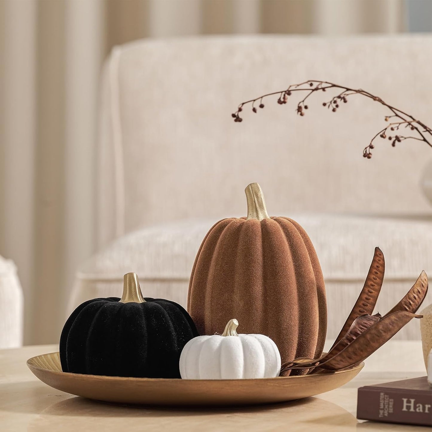 DN DECONATION 3 Pcs Fall Pumpkin Decorations – Flocked White Brown Black Resin Pumpkins Figurines for Autumn Thanksgiving Halloween Decoration, Faux Artificial Pumpkin for Home Table Mantel Decorating
