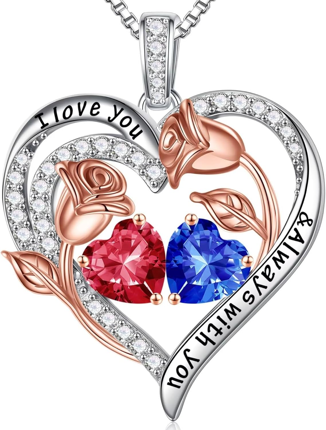 Iefil Birthstone Necklace for Women - 925 Sterling Silver Rose Heart Birthstone Necklace Birthday Anniversary Jewelry Gifts for Her Wife Mom Daughter