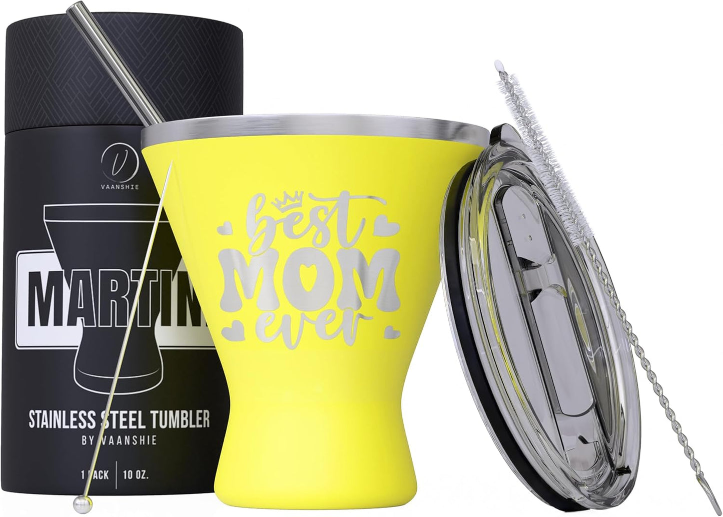 Mothers Day Gifts For Mom - Best Mom Ever Stainless Steel Martini Glass [Yellow, 10oz, Pack of 1] - Powder - Coated, Double Wall Margarita Cup - Birthday, Mother's Day, New Mom Gifts for Women