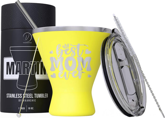Mothers Day Gifts For Mom - Best Mom Ever Stainless Steel Martini Glass [Yellow, 10oz, Pack of 1] - Powder - Coated, Double Wall Margarita Cup - Birthday, Mother's Day, New Mom Gifts for Women