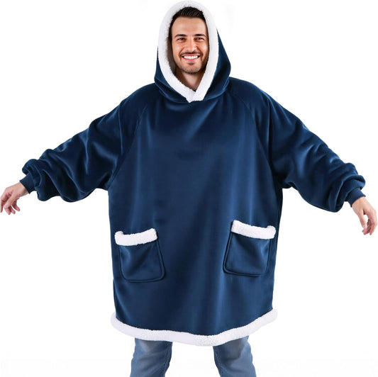 Bedsure Blanket Hoodie, Wearable Blanket for Adults & Kids as Gifts for Women Men, Birthday Gifts for Women Mom Girl Sherpa Oversized Hoodie, Navy, Oversize