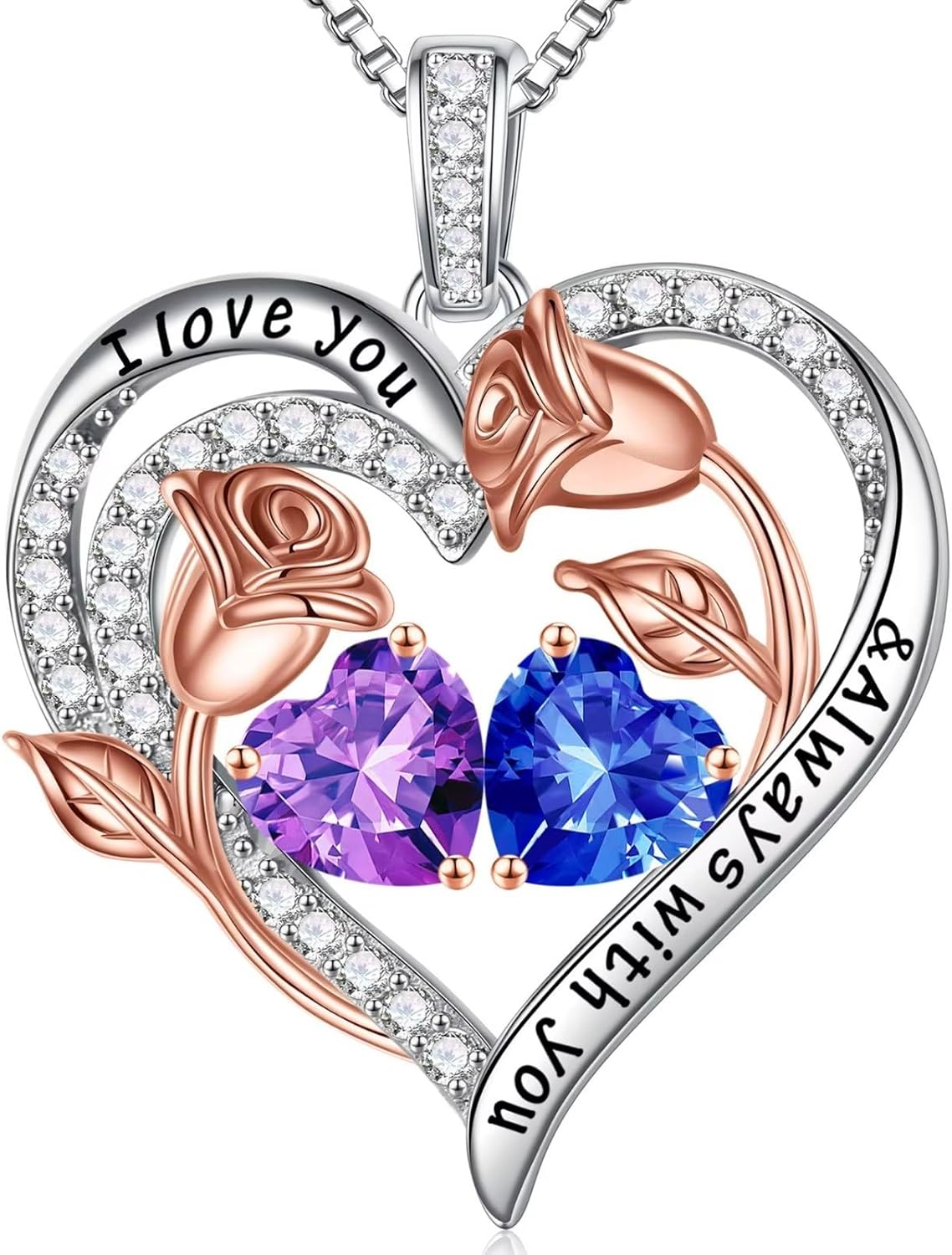 Iefil Birthstone Necklace for Women - 925 Sterling Silver Rose Heart Birthstone Necklace Birthday Anniversary Jewelry Gifts for Her Wife Mom Daughter