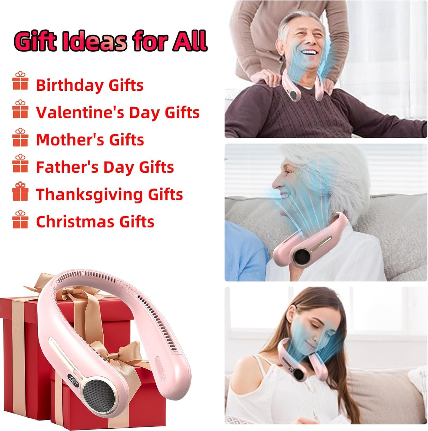 Portable Neck Fan,Gift Ideas,Personal Wearable Bladeless Fan,360° Cooling,LED Display,4-Speeds,6000mAh Rechargeable,Powerful Wind,Outdoor Travel Camping,Birthday Gifts for Men Women Dad Mom (Pink)