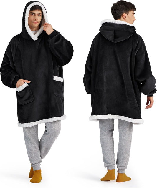Bedsure Blanket Hoodie, Wearable Blanket for Adults & Kids as Gifts for Women Men, Birthday Gifts for Women Mom Girl Sherpa Oversized Hoodie, Black, Oversize