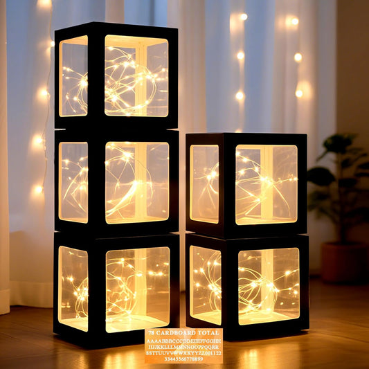 Ledido Transparent Balloon Boxes, Clear Balloon Boxes with 5 Pcs String Lights and 78 Letters for Baby Shower Gender Reveal Grad Birthday Party Anniversary Bridal Wedding Decor - 5 Black Boxes
