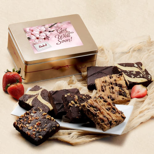 Get Well Soon Gift Basket - 18 Individually Wrapped Brownies Freshly Baked in a Variety of Flavors - Dulcet's Signature Flavored Fudge Brownies - Gift Box Comes with Get Well Card