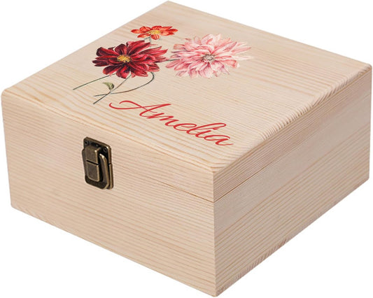 Personalized Wooden Keepsake Memory Box with Birth Flower & Name, Custom Wood Decorative Storage Box with Lids Customized Christmas Gift Box for Women Teen Girls Mom Birthday Gifts