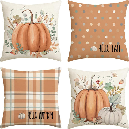 AVOIN colorlife Hello Fall Hello Pumpkin Throw Pillow Covers, 18 x 18 Inch Autumn Thanksgiving Harvest Orange Eucalyptus Decorations for Sofa Couch Set of 4