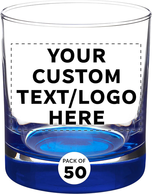 Custom Whiskey Glasses by Libbey 10 oz. Set of 50, Personalized Bulk Pack - Heavy Base Old Fashioned Glass, Perfect for Scotch, Bourbon, Whiskey, Cocktail - Blue