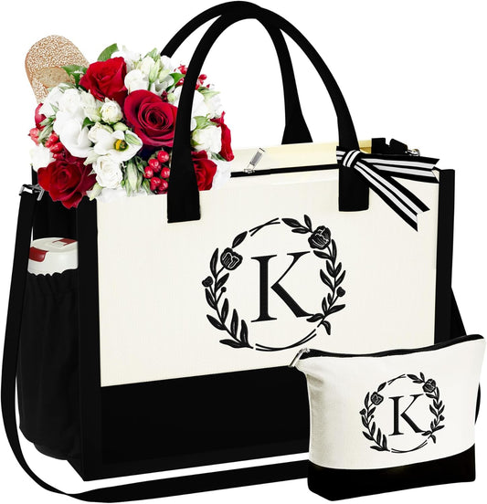 YOOLIFE Gifts for Women - Initial Canvas Tote Bag Makeup Bag, Personalized Gifts for Women Mom Wife Teacher Friend Birthday