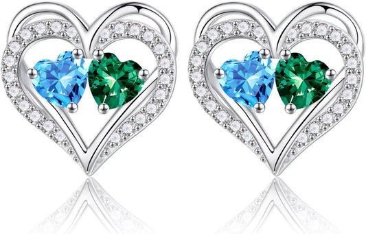 Iefil Birthstone Earrings for Women - 925 Sterling Silver Heart Earrings Anniversary Birthday Gifts for Women Wife Girlfriend Mom