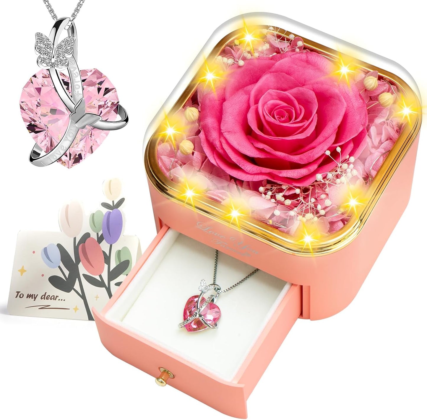 Preserved Pink Real Rose with Necklace Jewelry Box -Eternal Flowers Rose Gifts for Grandma Wife Girlfriend on Valentines Mothers Day Christmas Birthday Anniversary Romantic Gifts for Her