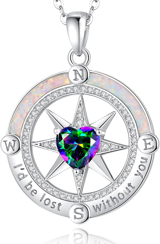 FANCIME Compass Necklace for Women Sterling Silver Compass Jewelry Opal Pendant Fine Jewelry Gemstone Birthday Mother's Day Gifts for Wife