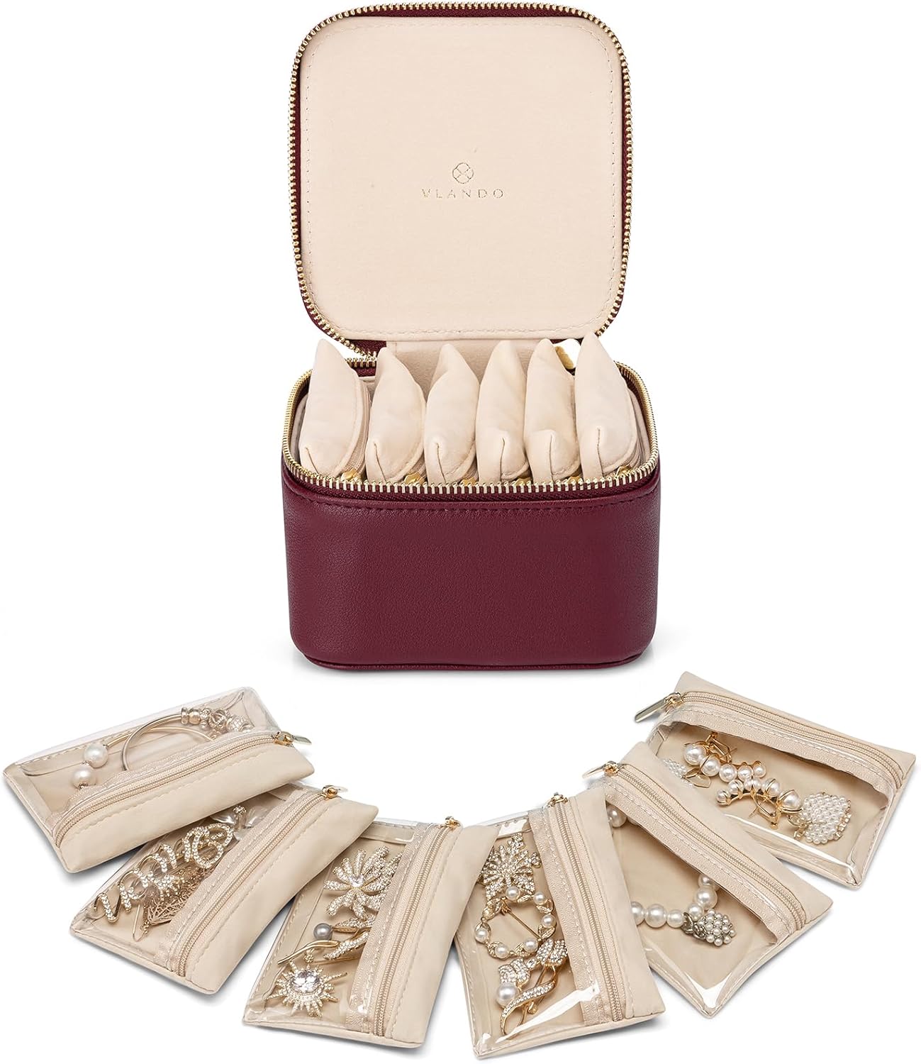 Vlando Small Jewelry Box Organizer,Travel Jewelry Storage with 6 Velvet Jewelry Zipper Pockets,Travel Jewelry Case Birthday Gifts for Women Girls(Red)