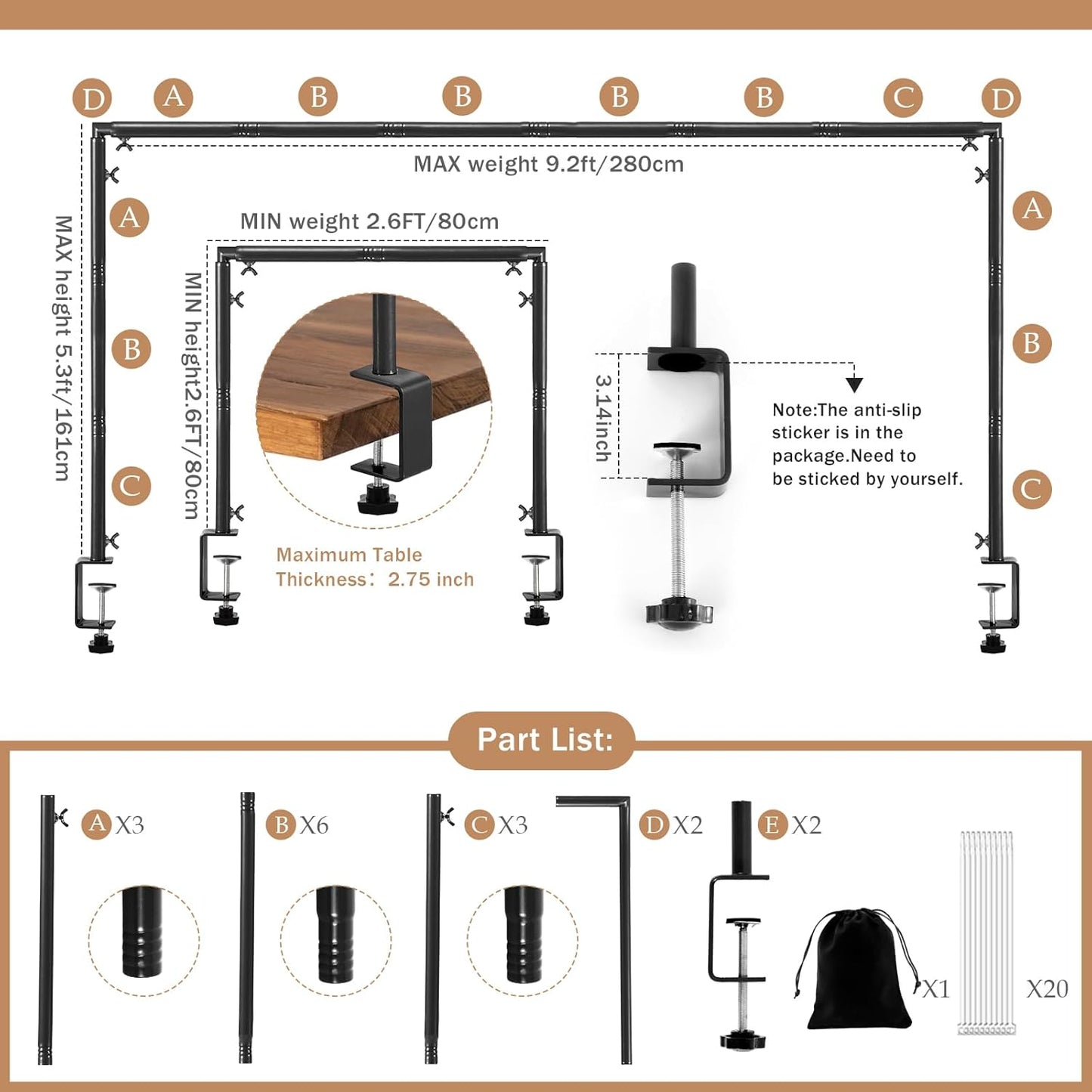 Over The Table Stand with Clamps Adjustable 31-110 in Length 31-64 in Height Black Table Balloon Arch Hanging Stand with Storage Bag for Halloween Christmas Wedding Birthday Party Decoration