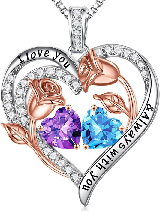 Iefil Birthstone Necklace for Women - 925 Sterling Silver Rose Heart Birthstone Necklace Birthday Anniversary Jewelry Gifts for Her Wife Mom Daughter