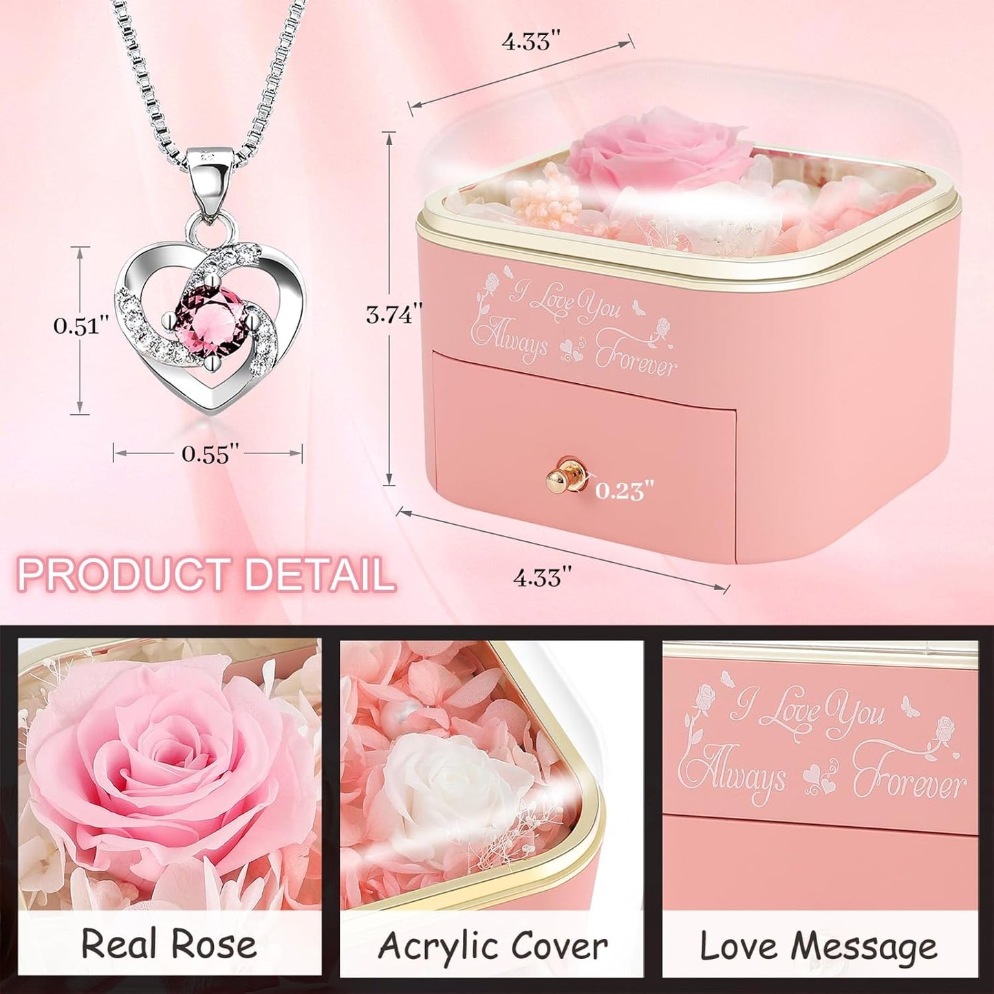Preserved Roses Jewelry Box with Heart Necklace - Eternal Rose & ‘I Love You Always & Forever’ Engraving - Luxury Gift for Mom, Wife, or Grandma on Mother’s Day