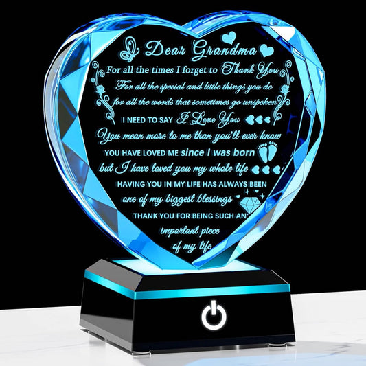 Grandma Birthday Gifts with Colorful LED Base Meaningful Crystal Heart Gifts for Grandma from Grandkids Great Gift Ideas for Grandmother on Mothers Day Valentine Thanksgiving