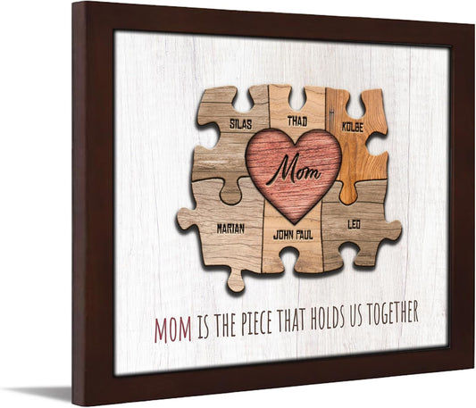 Personal-Prints MOM & Children Personalized HEART Puzzle Wall Art | Unique Customized with up to 8 Names | Mother’s Day, Birthday or Christmas Gift (13"x16" Framed Paper Print, 6 Children)