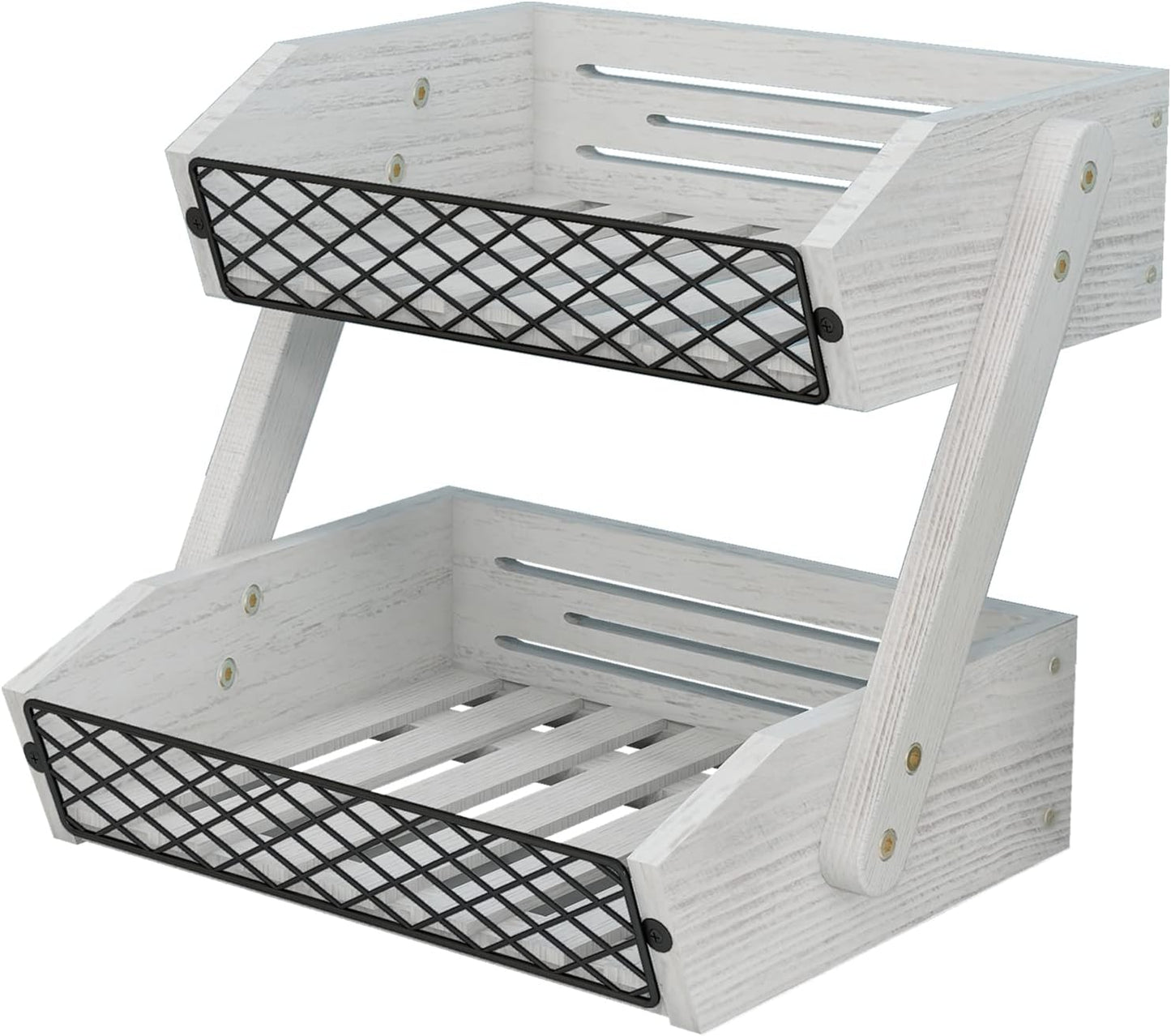 Dorhors Fruit Basket for Kitchen, 2 Tier Fruit Bowl,Kitchen Counter Organizer,Wooden Vegetable Holder for Countertop,Bread Storage Basket Stand (Rustic White)