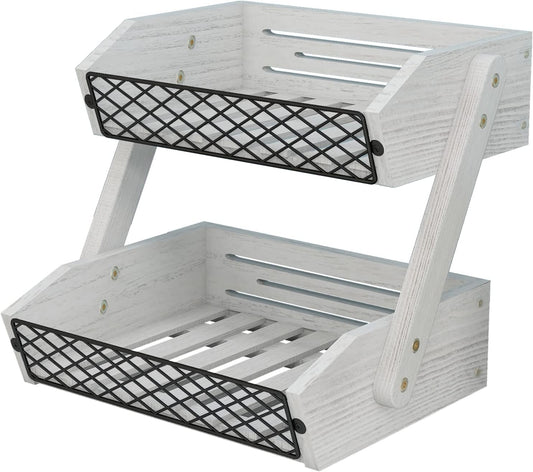Dorhors Fruit Basket for Kitchen, 2 Tier Fruit Bowl,Kitchen Counter Organizer,Wooden Vegetable Holder for Countertop,Bread Storage Basket Stand (Rustic White)