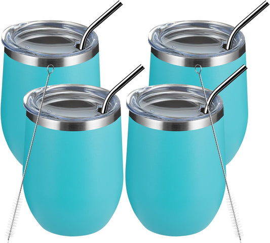 MEWAY 12oz/4 Pack Wine Tumbler Glasses with Lid - Stemless Double Wall Vacuum Stainless Steel Travel Tumbler - Keeping Cold & Hot for Wine,Coffee,Cocktails(Turquoise,Set of 4)