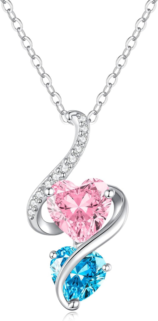 LOUISA SECRET Unique Double Heart Necklace Gifts for Wife Women, 925 Sterling Silver Tiny Birthstone Pendant Jewelry Gift for Her Girlfriend Mom Valentine's Day Anniversary Mother's Day Birthdays & Christmas