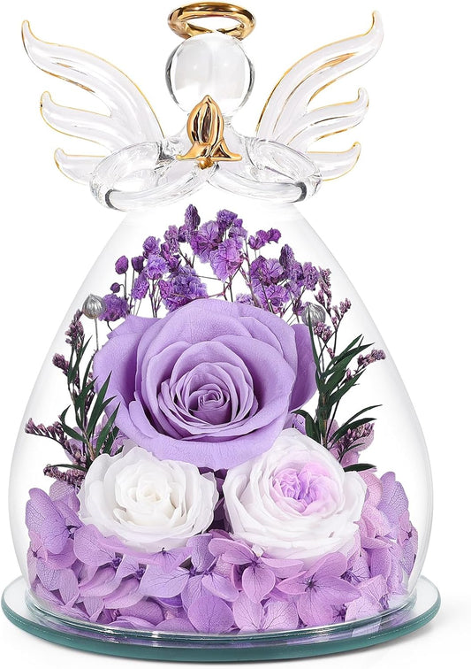 FIACO Gifts for Women Preserved Rose Forever Flower in Glass Angel Figurines Fresh Flowers for Delivery Prime Mothers Day Birthday Gifts for Mom Real Roses for Grandma Sister Wife Her from Daughter