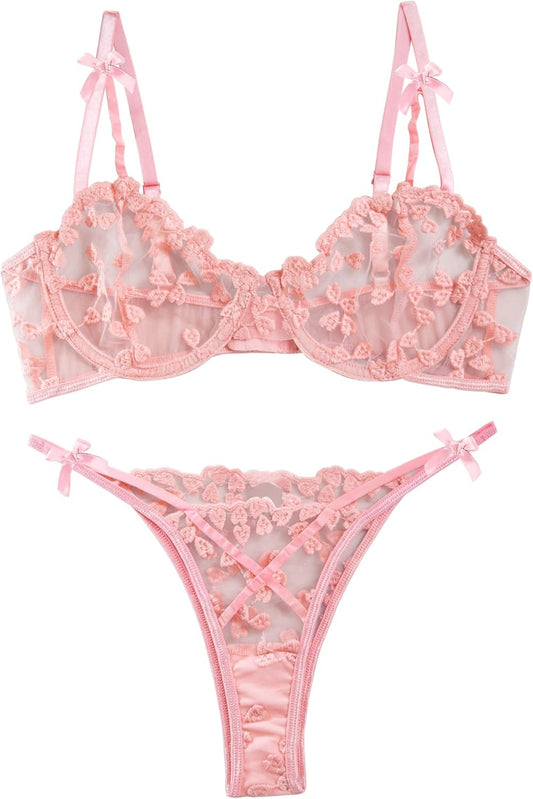 Lilosy Sexy Underwire Cute Push Up Strappy Embroidered Mesh Sheer Lingerie Set See Through Panty Bra