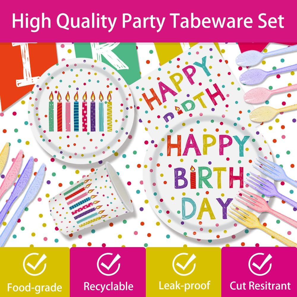 142pcs Happy Birthday Party Supplies Set with Colorful Polka Dots Design- Includes Disposable Paper Birthday Plates and Napkins, Cups, Tablecloth, and Banner，Dots Party Supplies Serves 20 Guests