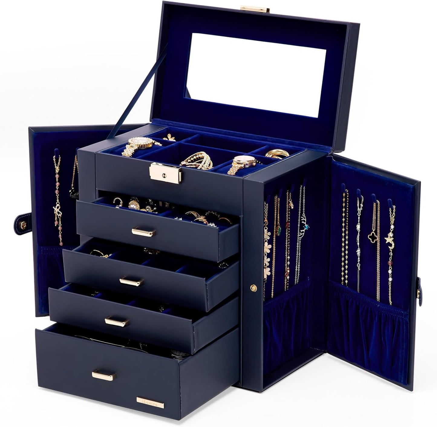 Homde Synthetic Leather Huge Jewelry Box Mirrored Watch Organizer Necklace Ring Earring Storage Lockable Gift Case (Dark Blue + Gold)