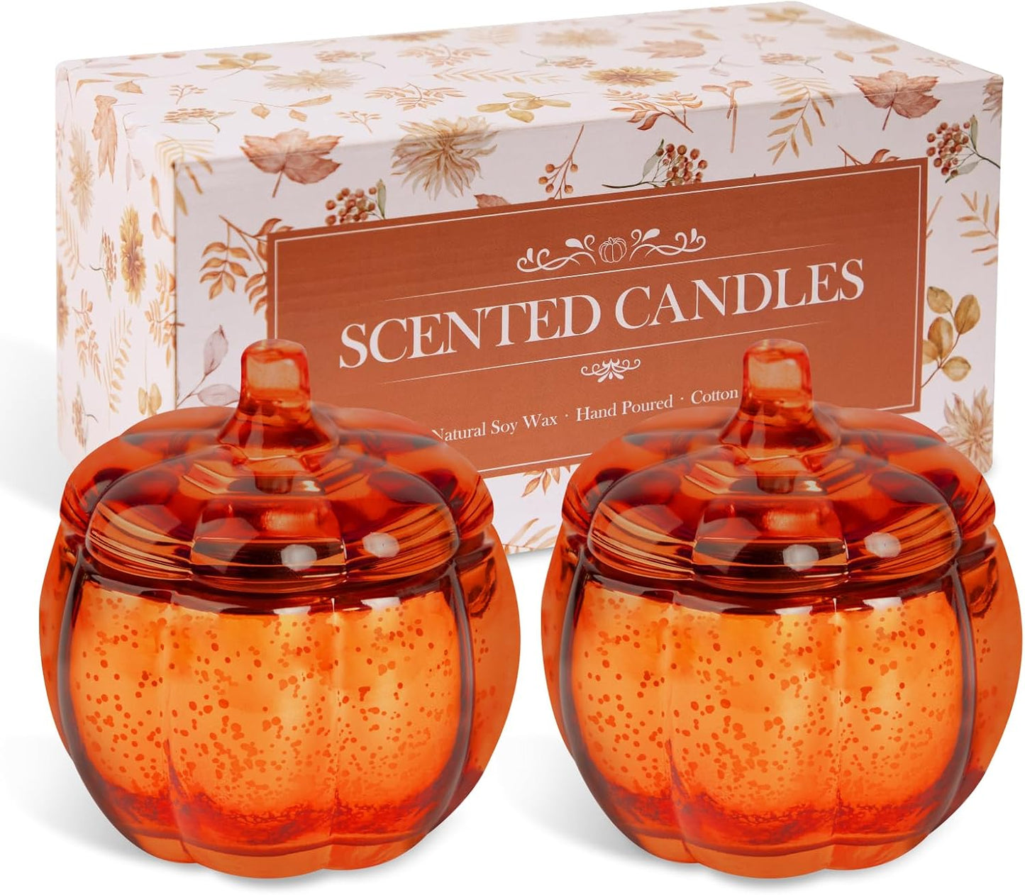 Lanpn Fall Scented Candle Gift Set 2 Pack, 22oz Pumpkin Glass Jar Candles Soy Wax, Thanksgiving Aromatherapy Candle, Autumn Fragrance Table Decor, Orange Votive Candles Holder Tabletop Centerpiece
