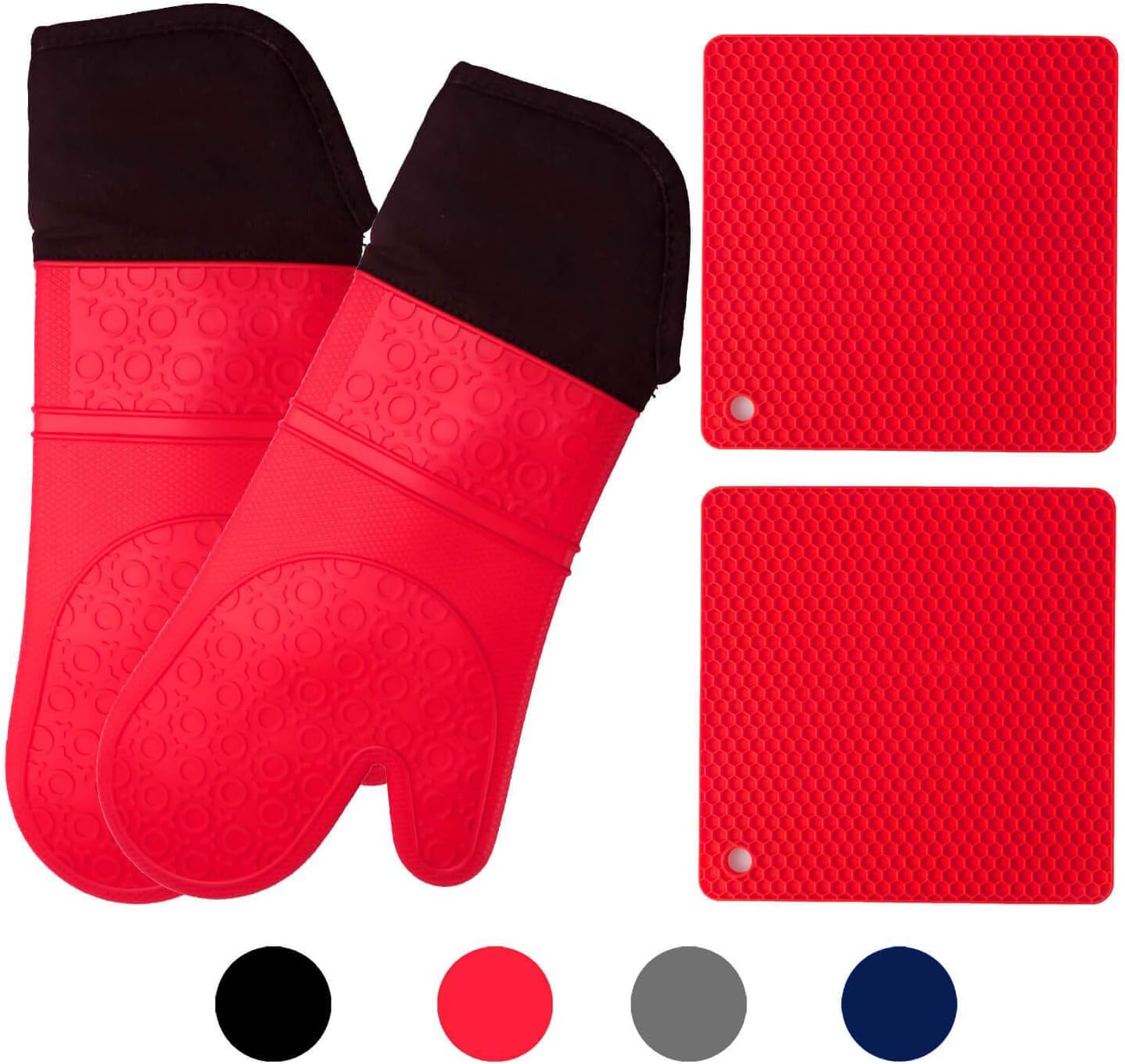 Homwe Silicone Oven Mitts and Potholders (4-Piece Sets) Heavy Duty Cooking Gloves, Kitchen Counter Safe Trivet Mats | Advanced Heat Resistant, Non-Slip Textured Grip Pot Holders(Red)