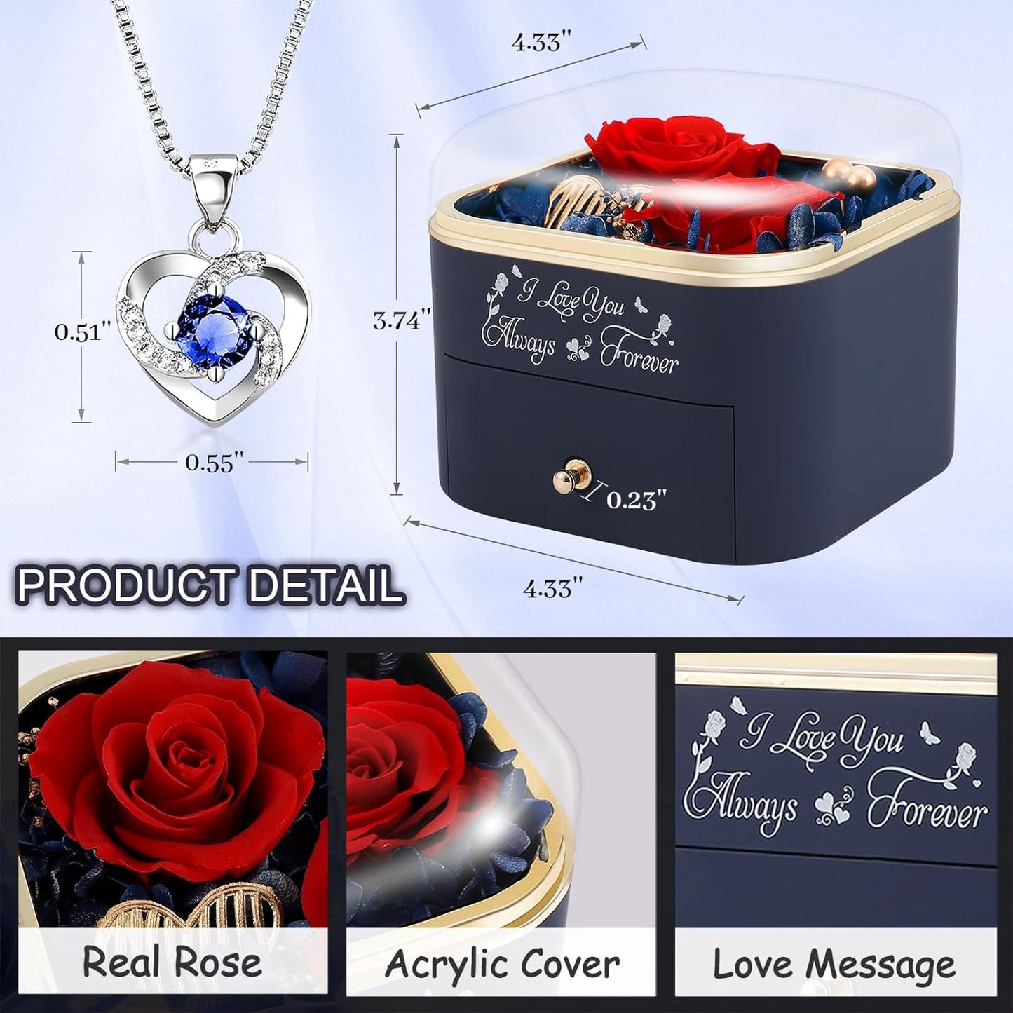 Preserved Roses Jewelry Box with Heart Necklace - Eternal Rose & ‘I Love You Always & Forever’ Engraving - Luxury Gift for Mom, Wife, or Grandma on Mother’s Day