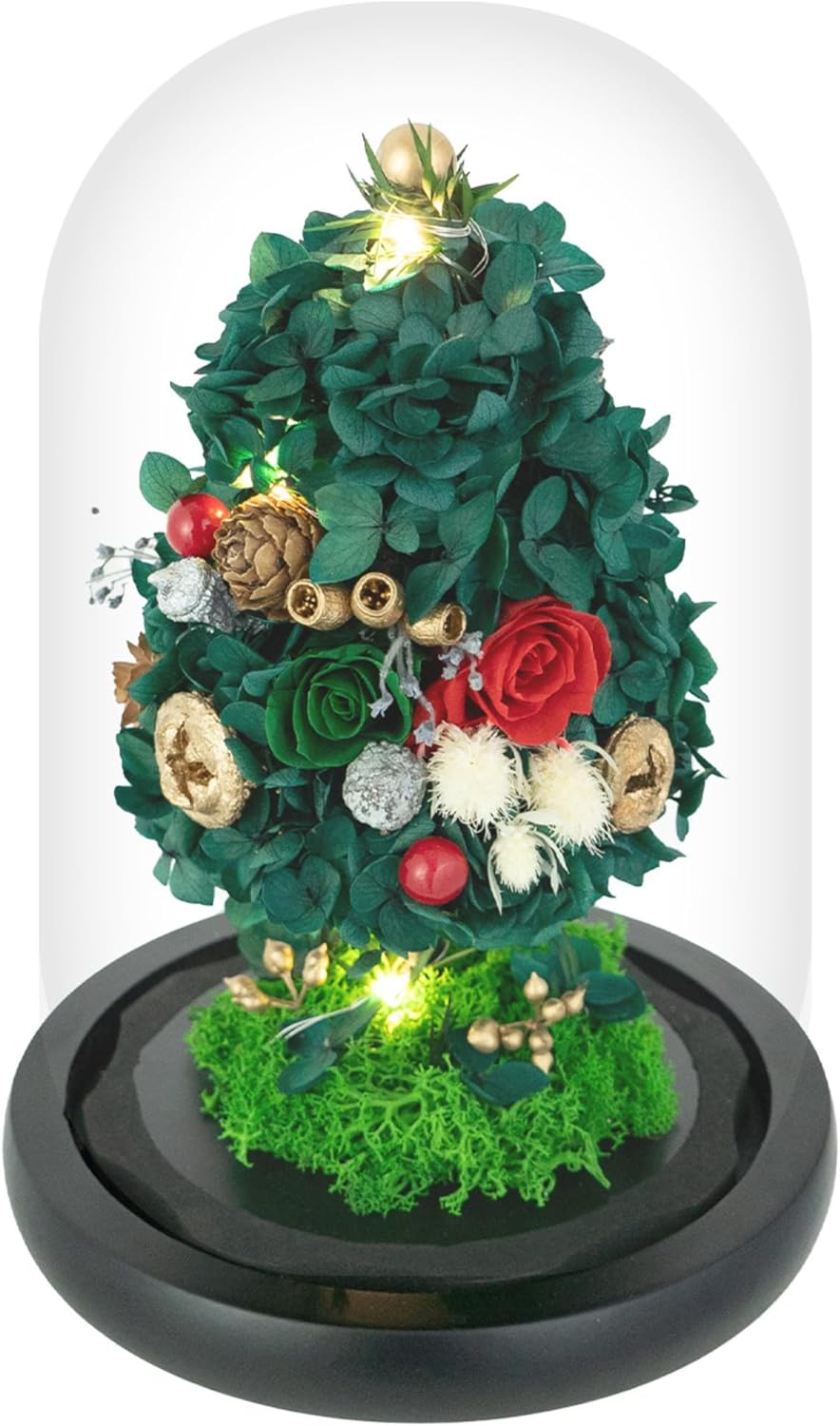 Mini Christmas Tree Preserved Flower in Glass Dome w/Light - Flowers Forever Christmas Table Decor, Long Lasting Eternal Flowers w/Thick Gift Box & Bow, Unique Gift - Classic Green
