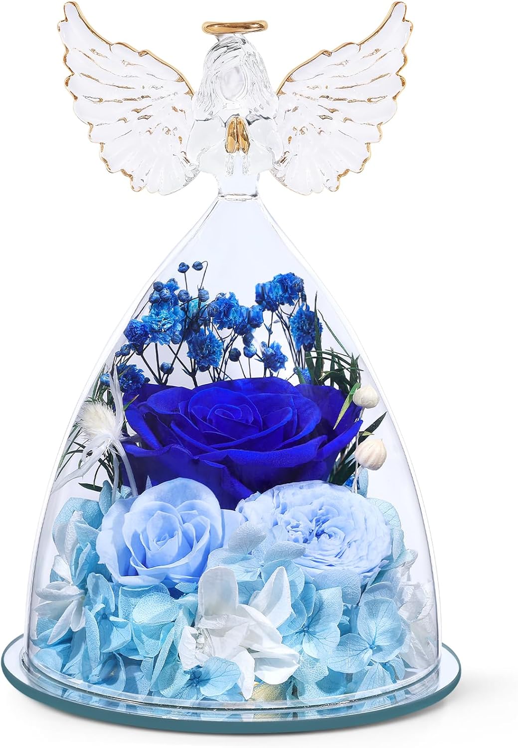 FIACO Gifts for Women Preserved Rose Forever Flower Rose in Glass Angel Figurine Preserved Fresh Flowers for Delivery Prime Mothers Day Birthday Gifts for Mom Grandma Wife Sister Blue