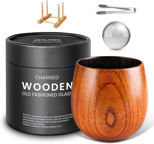 Charred Wooden Bourbon Drinking Glass, Smoky Wood Whiskey Glasses, Bourbon Gifts for Men, Anniversary Birthday Gifts(1 Pack)